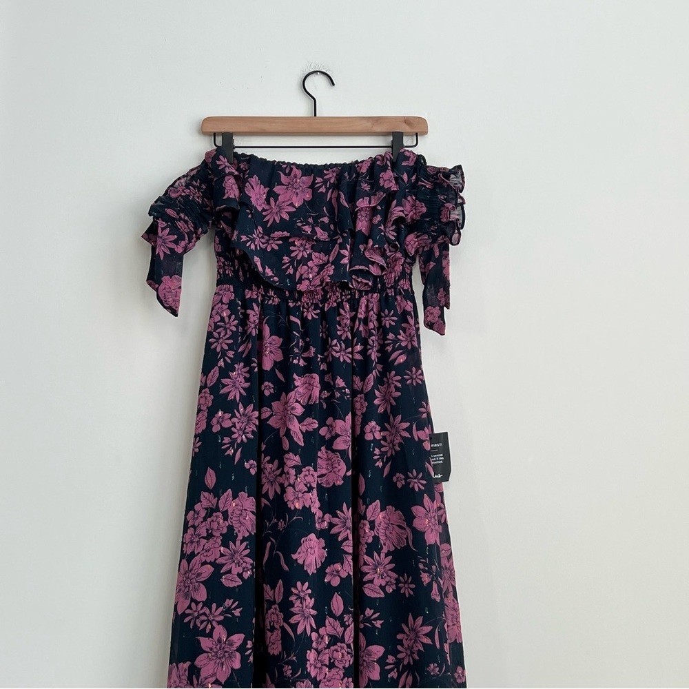 New Lulus Love and Blooms Navy Blue Floral Print Off The Shoulder maxi Dress - Picture 7 of 14